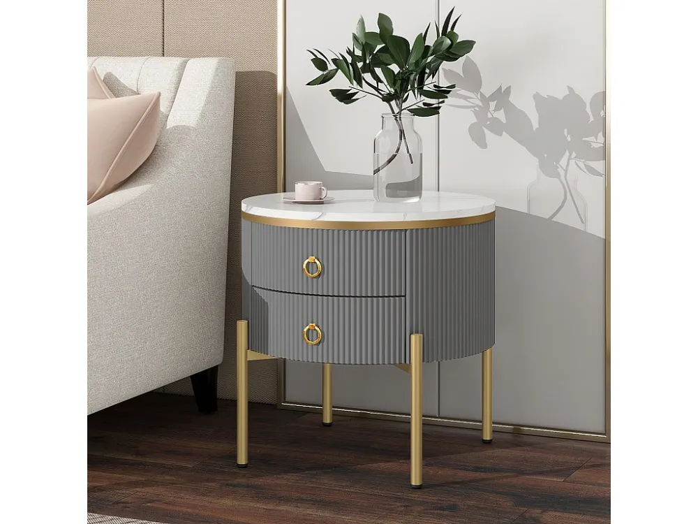 Ronde salontafel met 2 lades - 50x50x51cm - MDF hout - gouden poten en handgrepen - grijs + wit