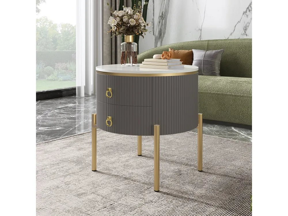 Ronde salontafel met 2 lades - 50x50x51cm - MDF hout - gouden poten en handgrepen - grijs + wit