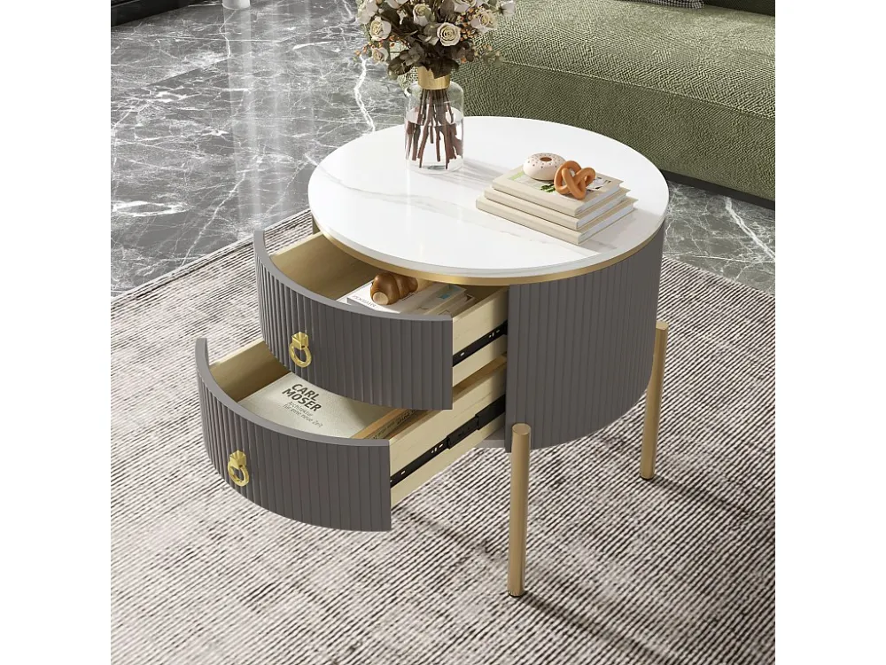 Ronde salontafel met 2 lades - 50x50x51cm - MDF hout - gouden poten en handgrepen - grijs + wit