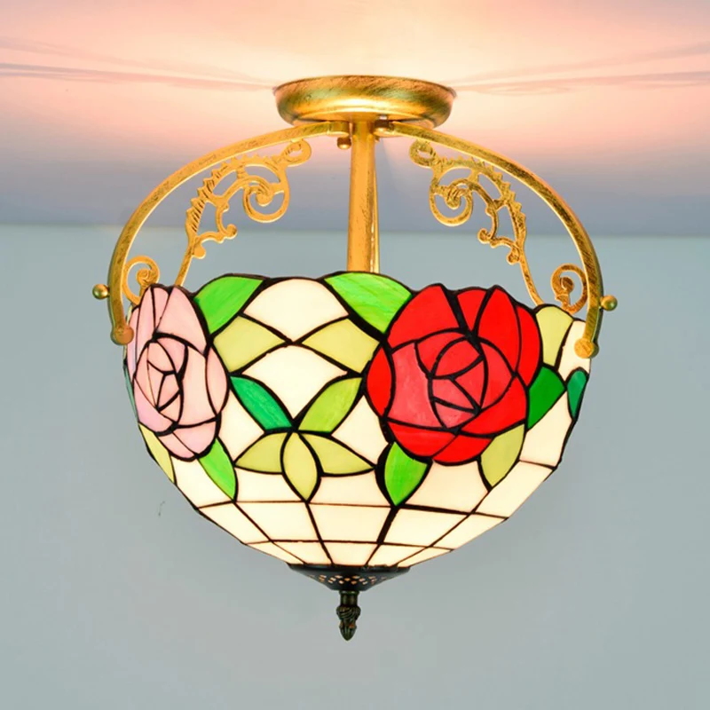 Rose semi-inbouwverlichting 2-lichts gebrandschilderd glas Mediterraan plafondgemonteerd armatuur rood/roze/blauw