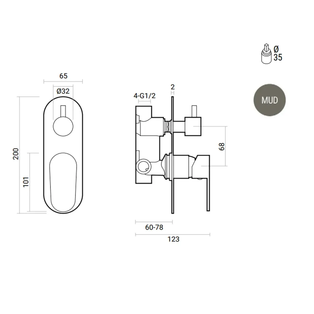Round built- shower mixer 2-way diverter RubiFlux Roller Mud - Mud Grijs