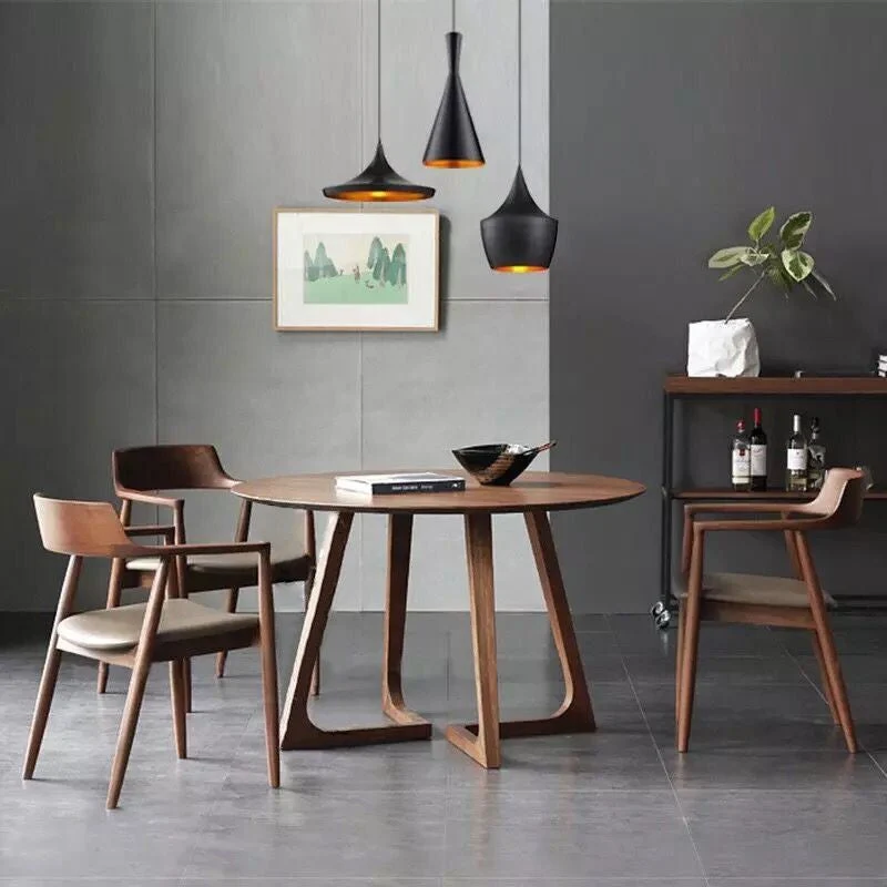 Round Shape Duo Pedestal Modern Dining Table Wood Color Fixed Table Solid Wood 31