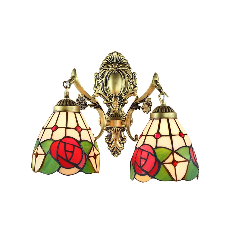 Rustieke Tiffany Sconce Lighting Glas--lood 2-lichts binnenwandverlichting verouderd messing