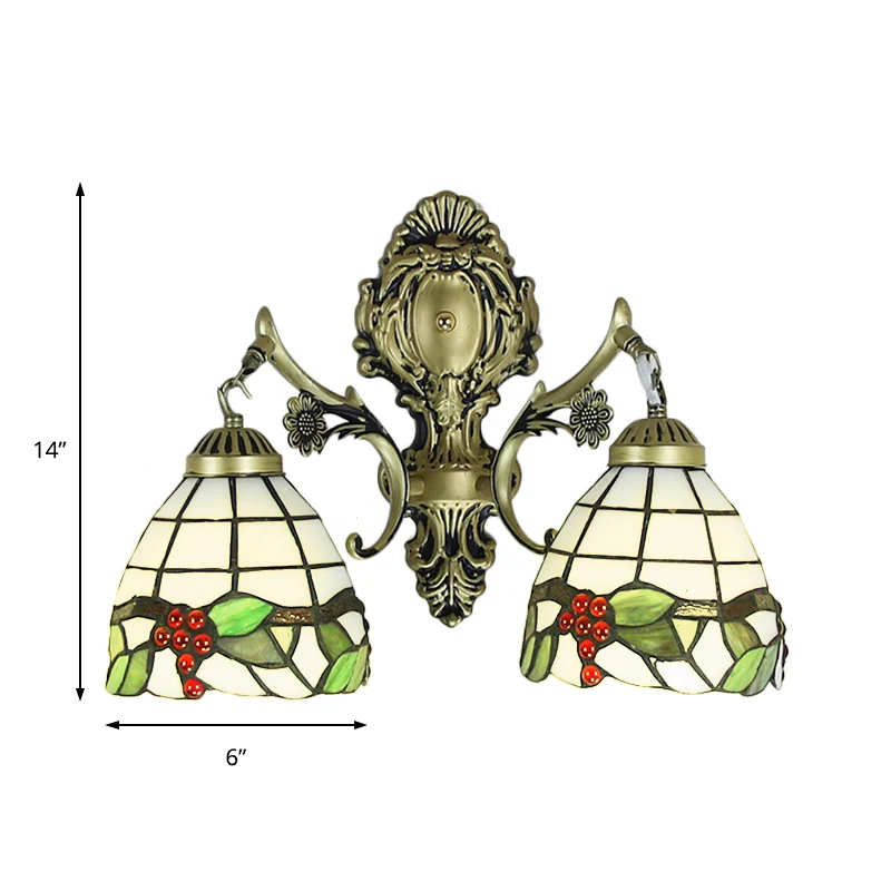 Rustieke Tiffany Sconce Lighting Glas--lood 2-lichts binnenwandverlichting verouderd messing