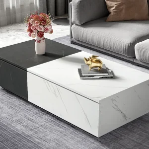 Salontafel - 2 neerklapbare deuren - marmereffect - Wit en grijs