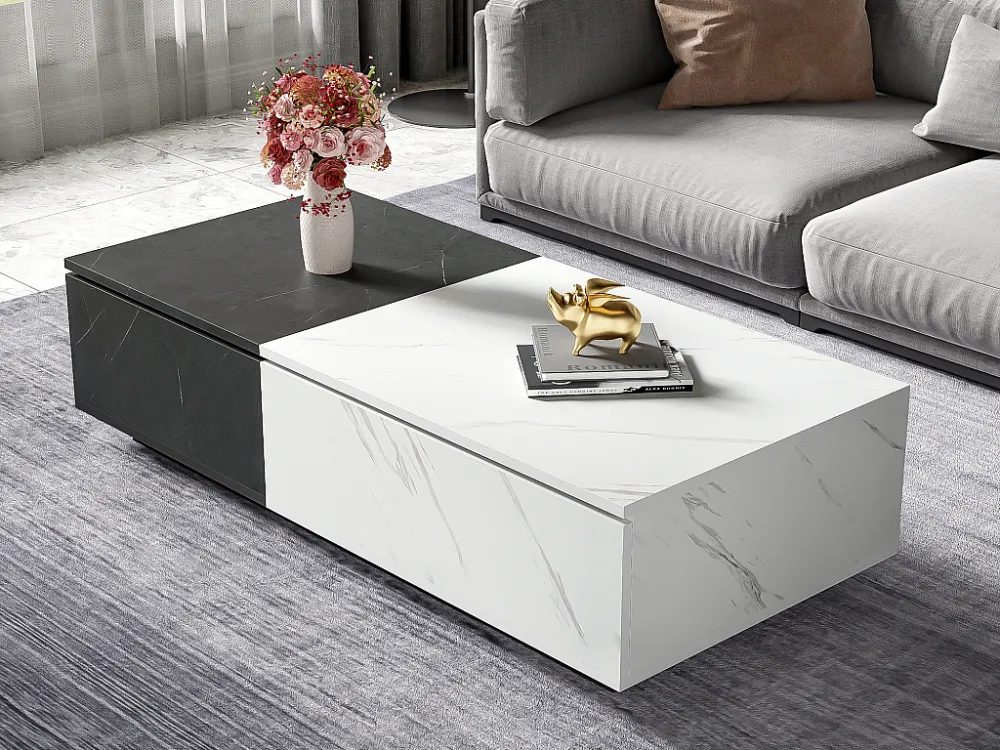 Salontafel - 2 neerklapbare deuren - marmereffect - Wit en grijs