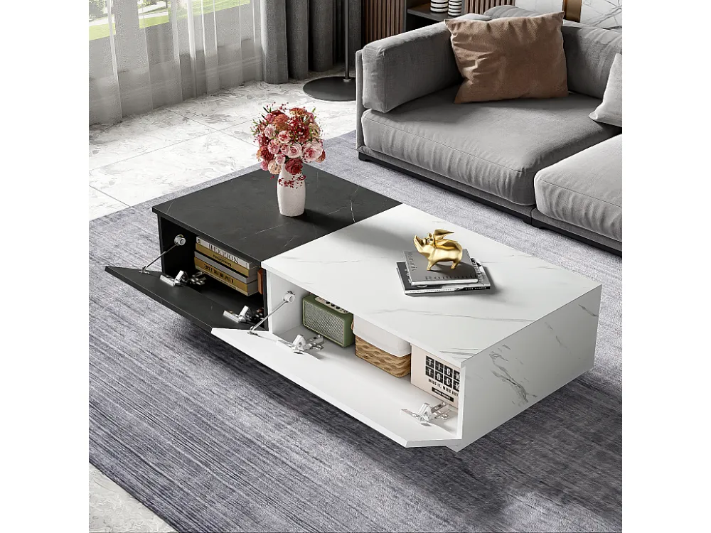 Salontafel - 2 neerklapbare deuren - marmereffect - Wit en grijs