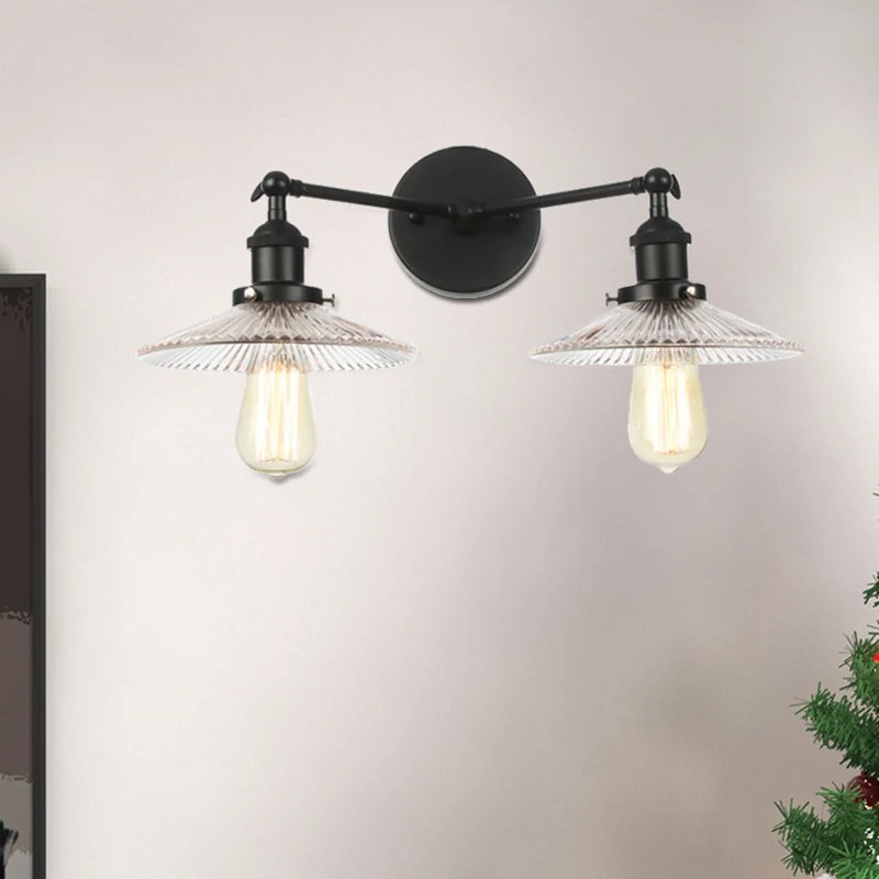 Saucer Clear Ribbed Glaswerk Wall Sconce Light Warehouse 2 Lights Indoor Lighting Fixture Bronze/Brass/Chrome Black