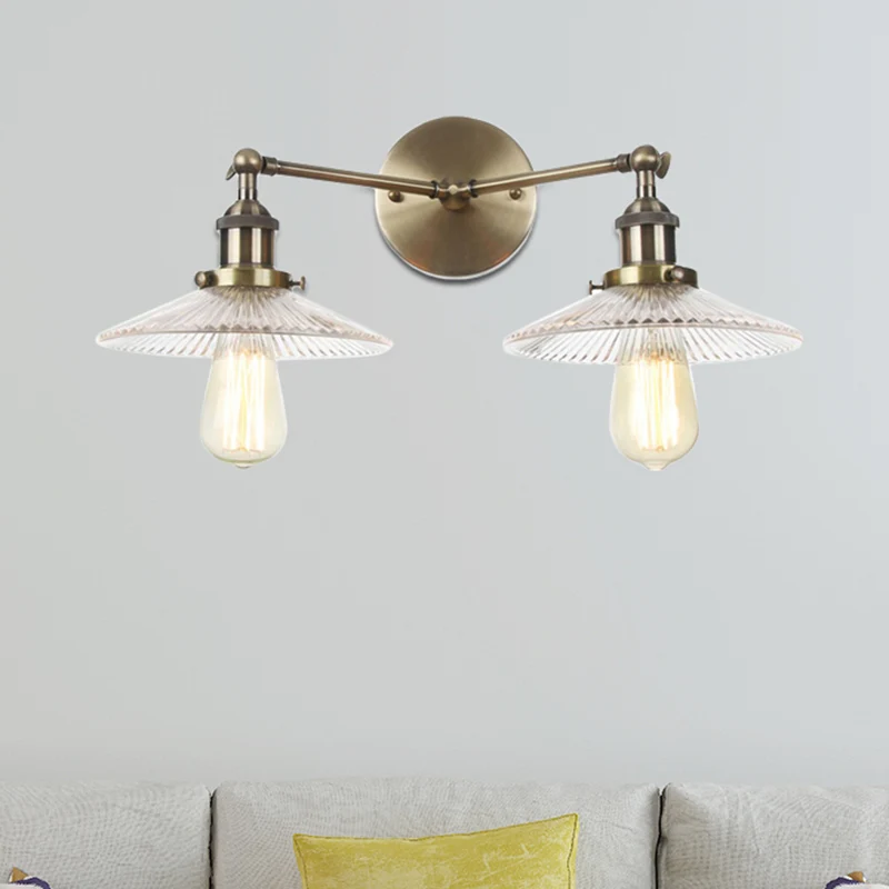 Saucer Clear Ribbed Glaswerk Wall Sconce Light Warehouse 2 Lights Indoor Lighting Fixture Bronze/Brass/Chrome Black