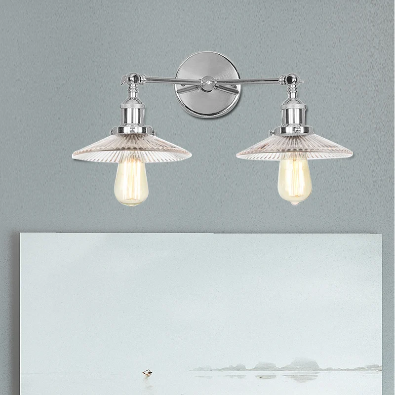 Saucer Clear Ribbed Glazen Wall Sconce Light Warehouse 2 Lights Indoor Lighting Fixture Bronze/Brass/Chrome Black