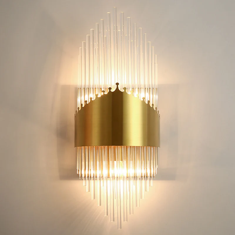 Shaded Wall Sconce Light Simplicity Crystal Rod 2 Bulbs Living Room Wall Mount Light Goud Gold