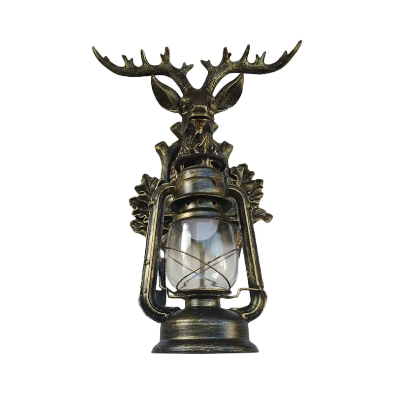 Single Flameless Kerosene Wall Lamp Rustic Style Brown/Bronze Glazen Glass Sconce Resin Faux Elk Backplate Bronze
