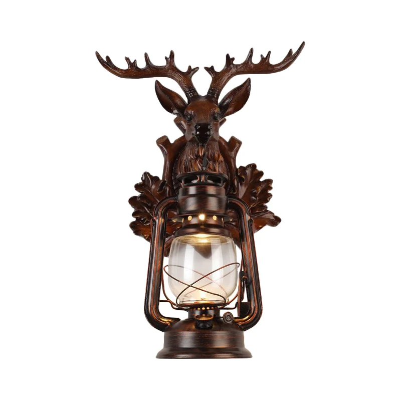 Single Flameless Kerosene Wall Lamp Rustic Style Brown/Bronze Glazen Glass Sconce Resin Faux Elk Backplate Bronze