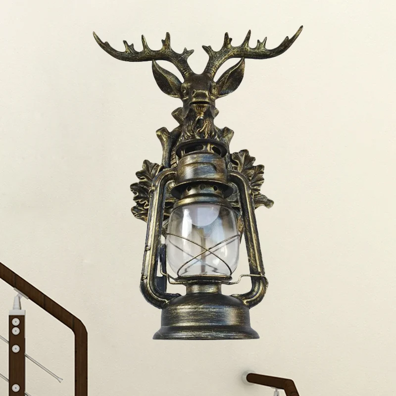 Single Flameless Kerosene Wall Lamp Rustic Style Brown/Bronze Glazen Glass Sconce Resin Faux Elk Backplate Bronze