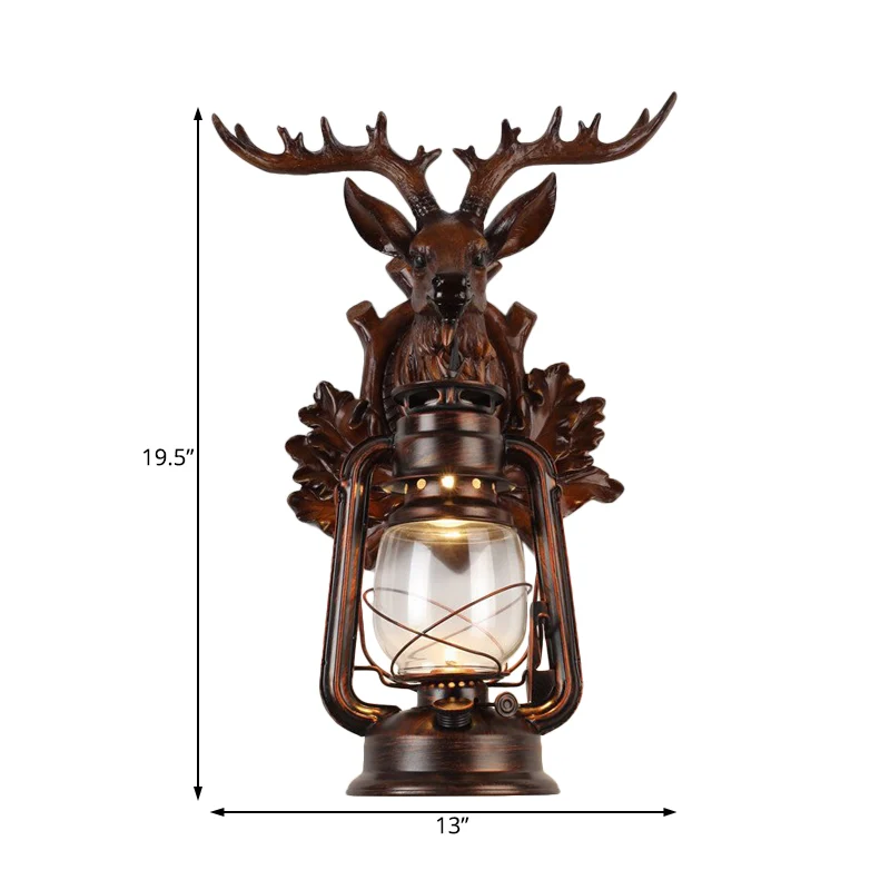 Single Flameless Kerosene Wall Lamp Rustic Style Brown/Bronze Glazen Glass Sconce Resin Faux Elk Backplate Bronze