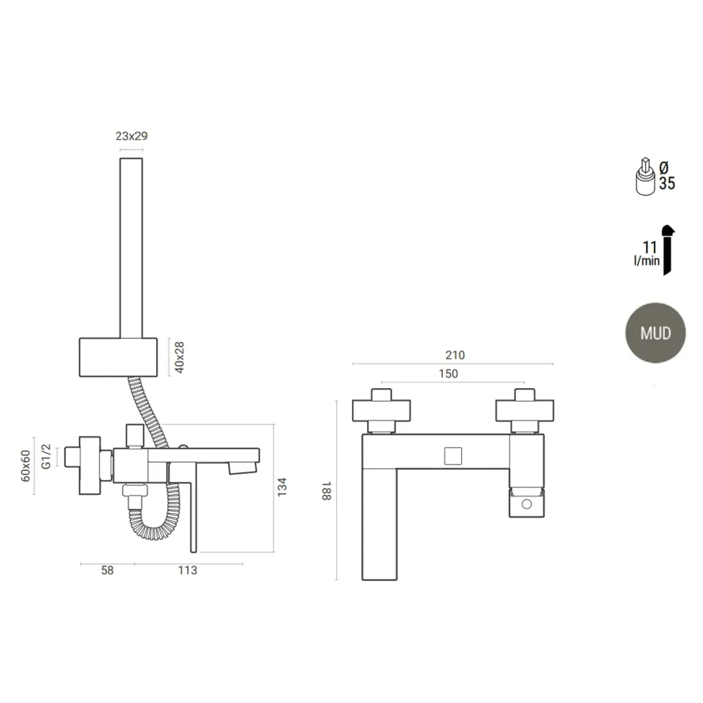 Single-lever mixer bathtub shower kit, eccentrics and rosettes RubiFlux Square Mud - Mud grauw