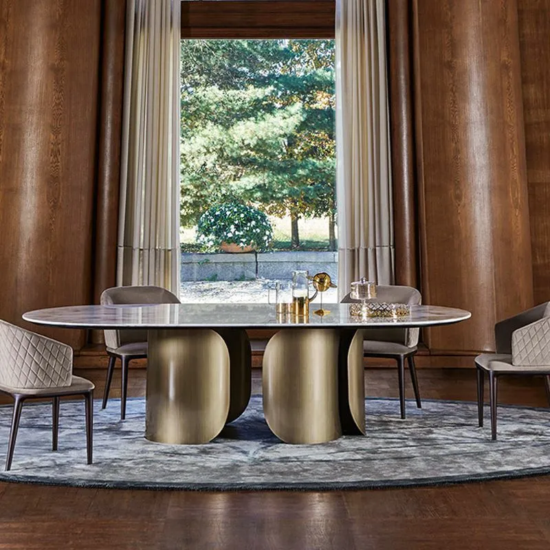 Sintered Stone Glam Table Restaurant Oval Dining Table Tweeling Pedestal 55