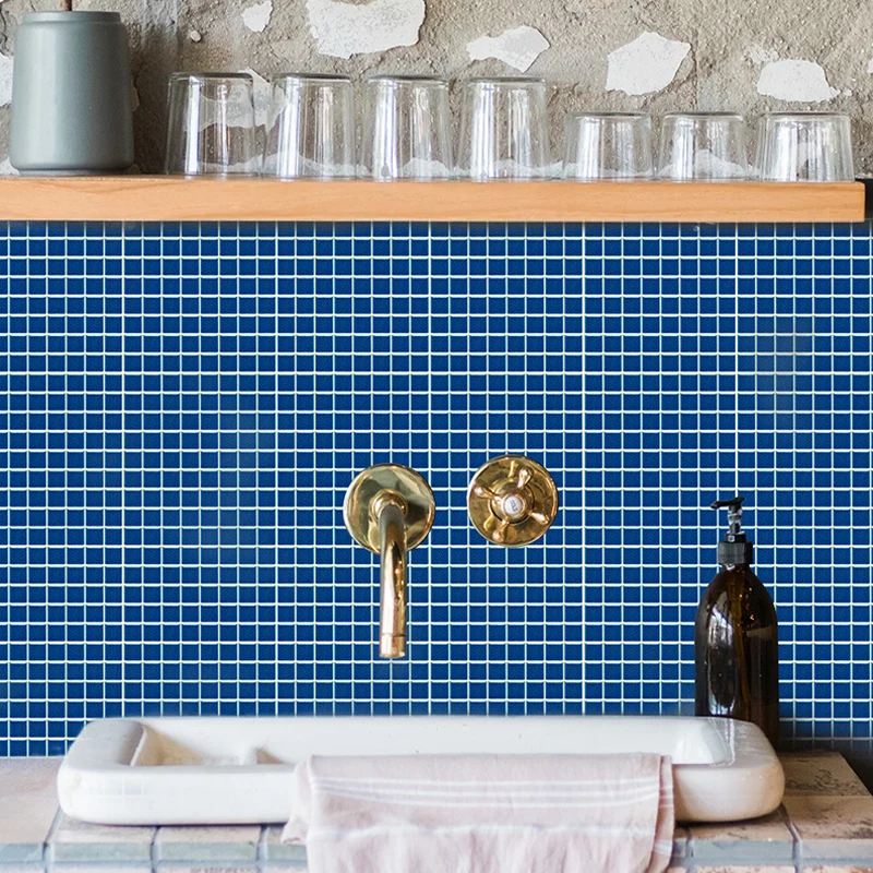 Solid Color Grid Tiles Wallpapers Self Sticking Actueel Kitchen Wall Covering (25 Pieces) Blue