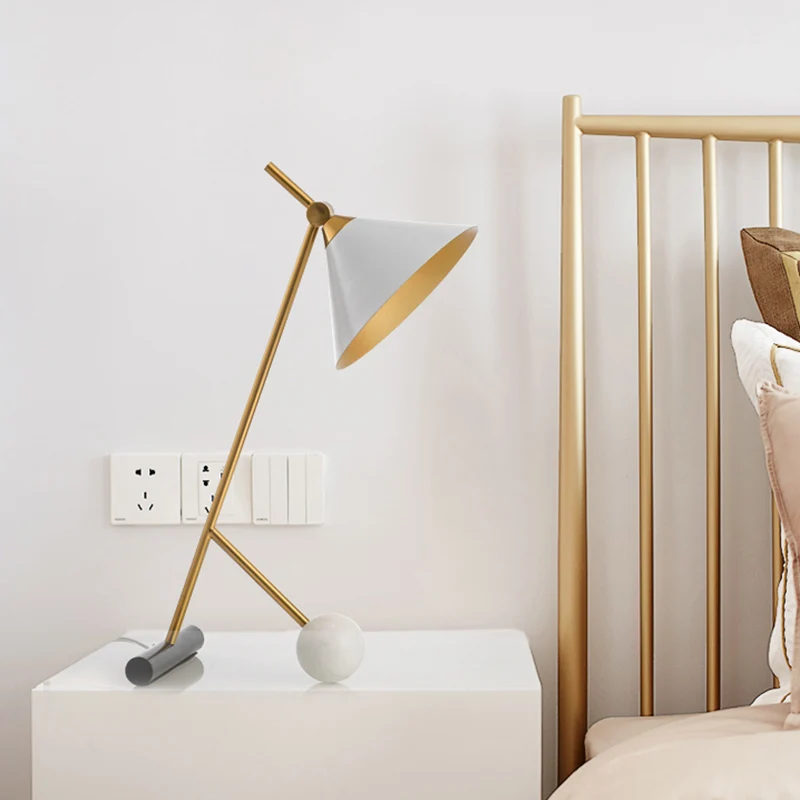 Sphere Bedside Nightstand Lamp Marble Één Simplicity Bedside Table Light Conical Metallic Shade White