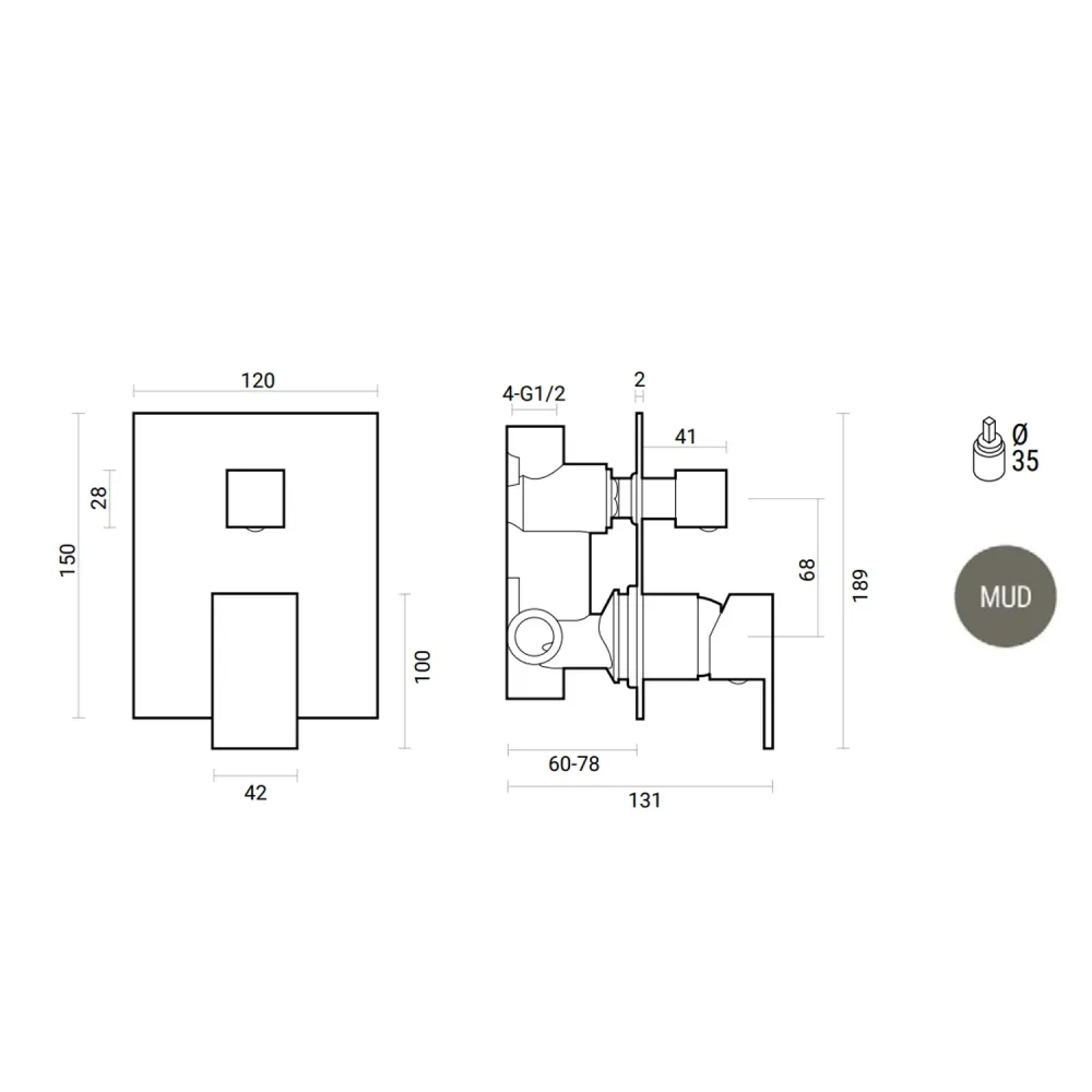 Square built- mixer shower 2-way diverter RubiFlux Square Mud - Mud Asgrijs