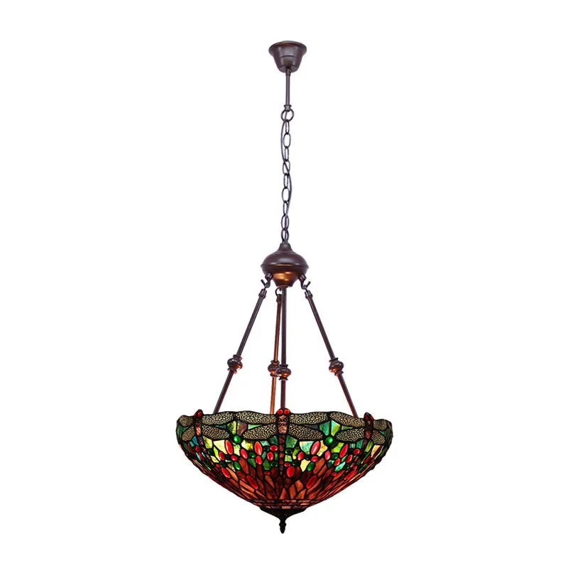 Stained Glazen Red/Green/Purple Pendant Chandelier Dragonfly 2 Lights Mediterranean Suspension Lamp Red