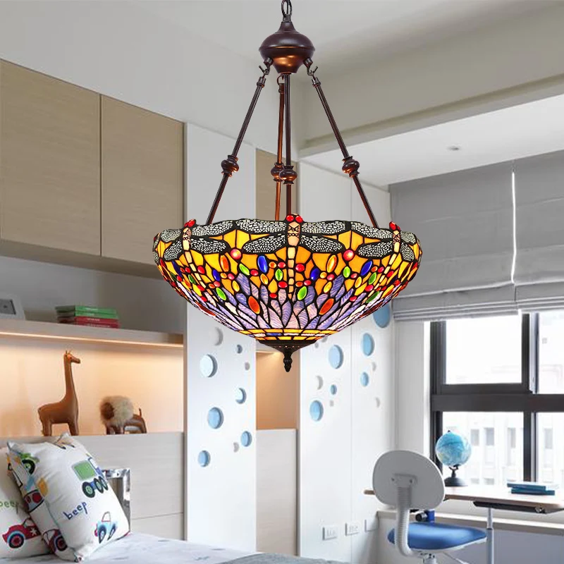 Stained Glazen Red/Green/Purple Pendant Chandelier Dragonfly 2 Lights Mediterranean Suspension Lamp Red