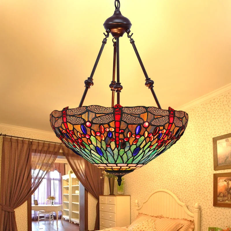 Stained Glazen Red/Green/Purple Pendant Chandelier Dragonfly 2 Lights Mediterranean Suspension Lamp Red