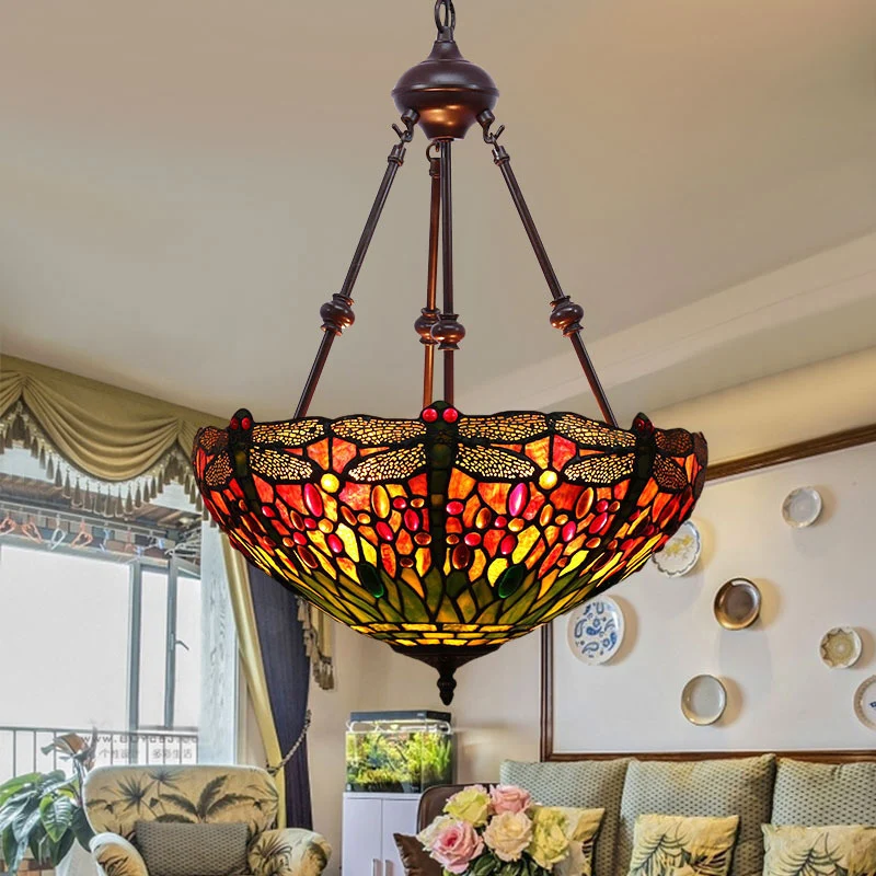 Stained Glazen Red/Green/Purple Pendant Chandelier Dragonfly 2 Lights Mediterranean Suspension Lamp Red