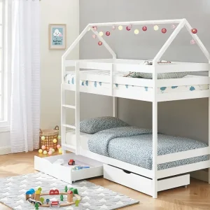 Stapelbed 2 x 90 x 190 cm - 2 lades - Grenen - Wit + Matras - CHORI - Koop nu online