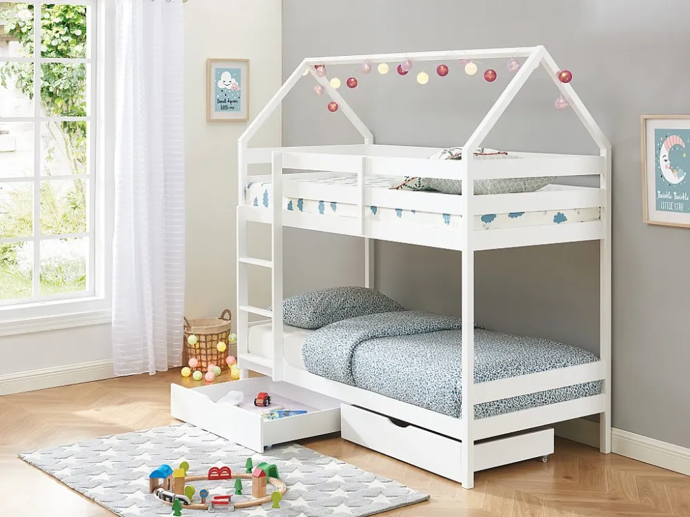 Stapelbed 2 x 90 x 190 cm - 2 lades - Grenen - Wit + Matras - CHORI - Koop nu online