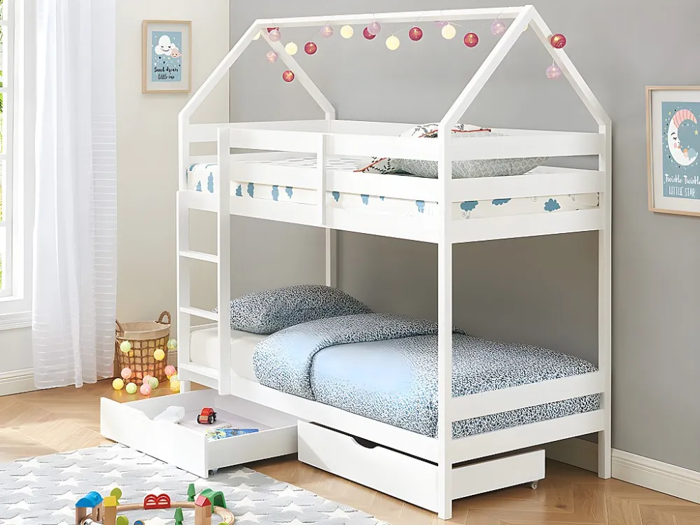 Stapelbed 2 x 90 x 190 cm - 2 lades - Grenen - Wit + Matras - CHORI - Koop nu online