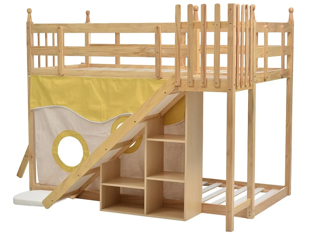 Stapelbed - 2 x 90 x 200 cm - opbergplanken, glijbaan en gordijn - lattenbodem - natuurlijke kleur