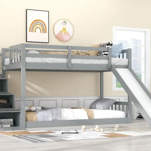 Stapelbed 2x90x200cm massief grenen met opbergtrap en glijbaan - lattenbodem - Grijs