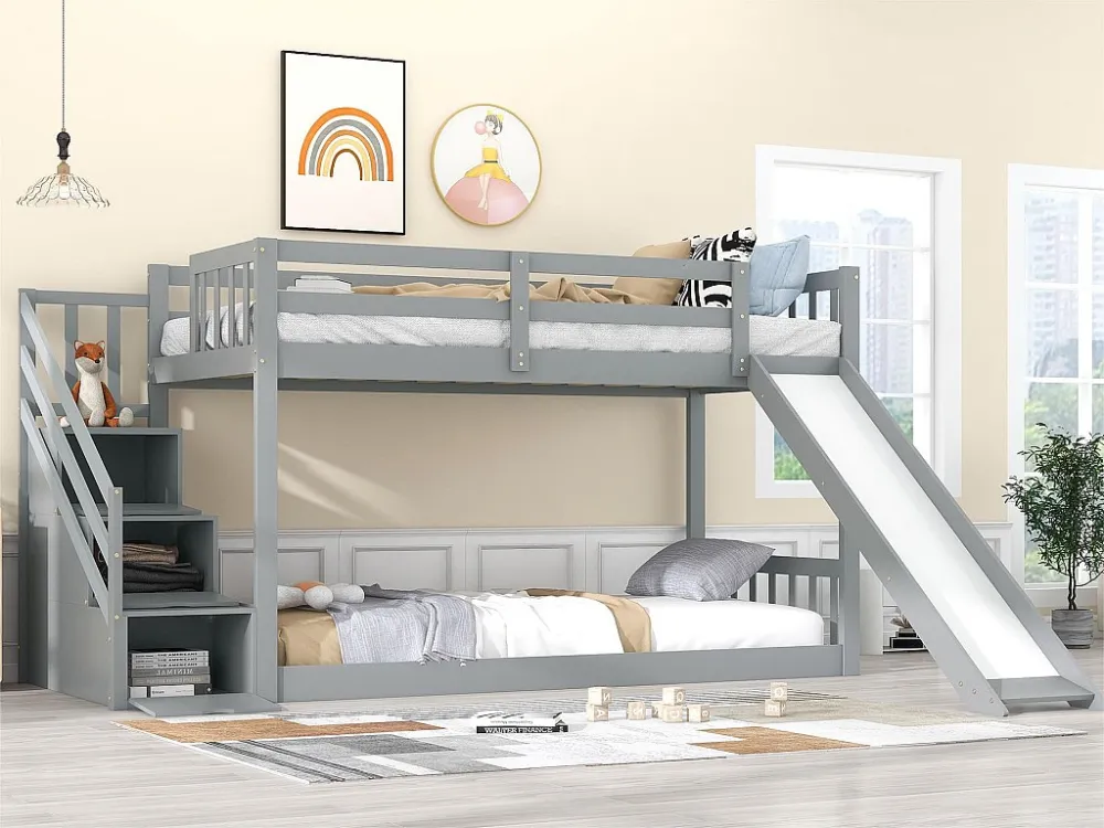 Stapelbed 2x90x200cm massief grenen met opbergtrap en glijbaan - lattenbodem - Grijs