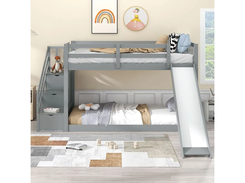 Stapelbed 2x90x200cm massief grenen met opbergtrap en glijbaan - lattenbodem - Grijs