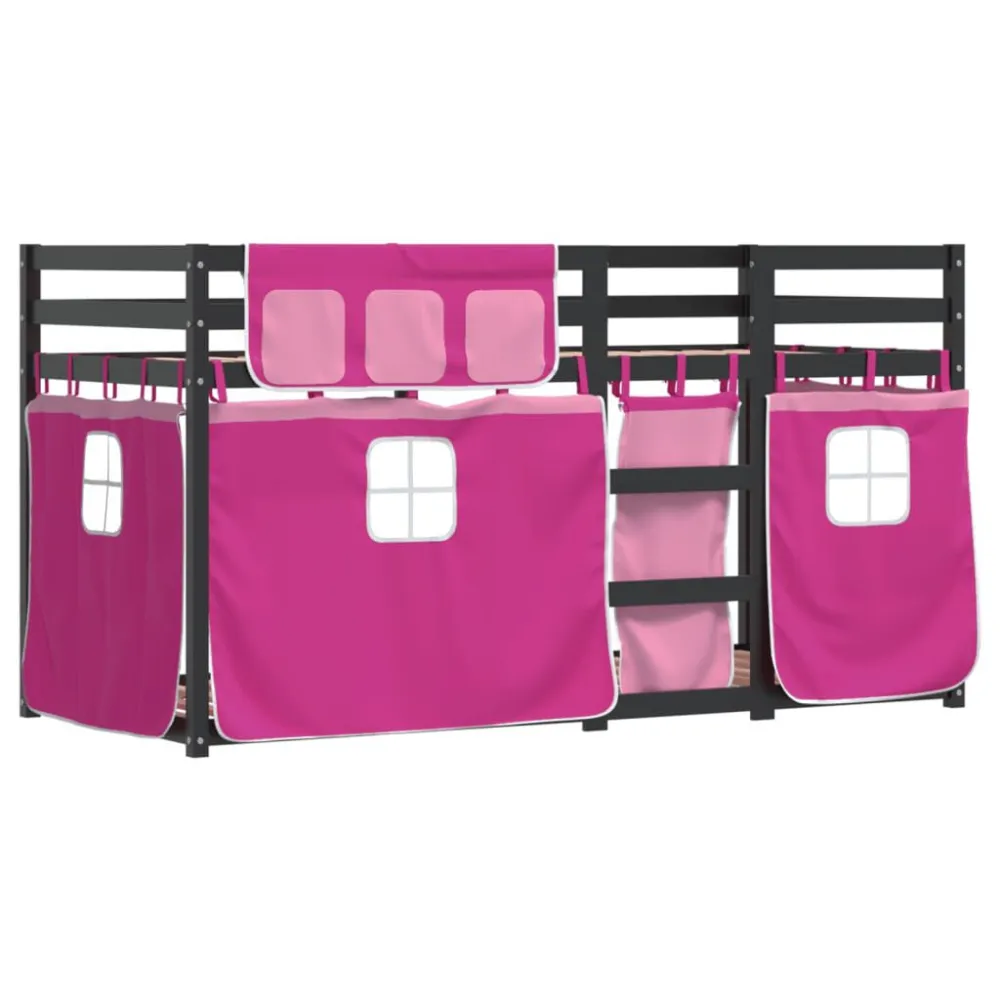 Stapelbed met gordijnen 90x200 cm grenenhout roze