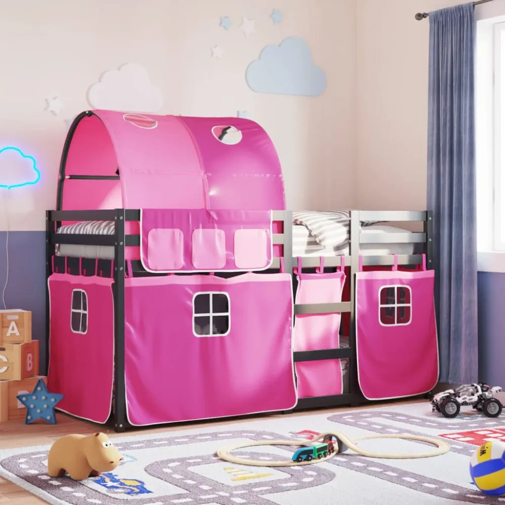 Stapelbed met gordijnen 90x200 cm grenenhout roze