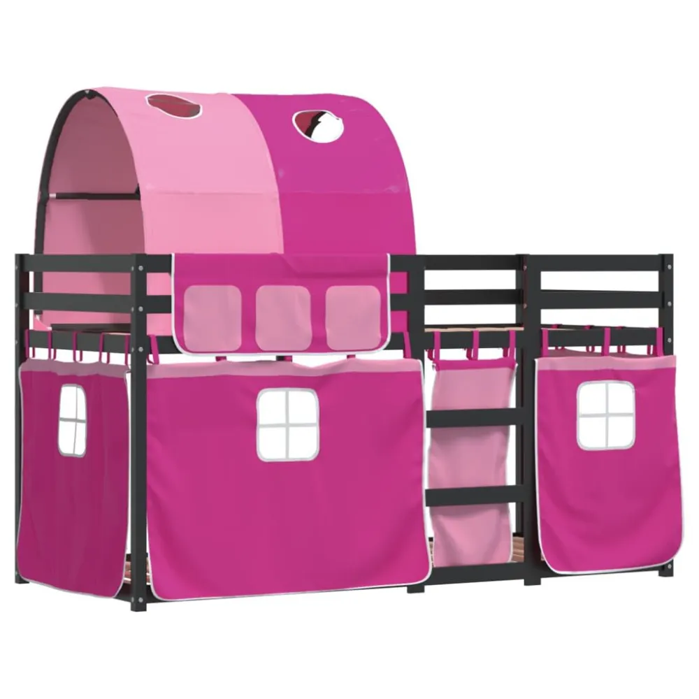 Stapelbed met gordijnen 90x200 cm grenenhout roze