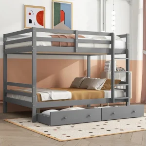 Stapelbedden 140 x 200 cm met 2 grote lades - leuning en trap - MDF hout - grijs