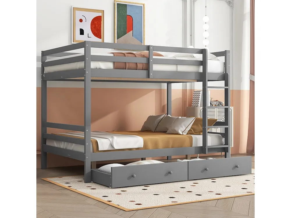 Stapelbedden 140 x 200 cm met 2 grote lades - leuning en trap - MDF hout - grijs