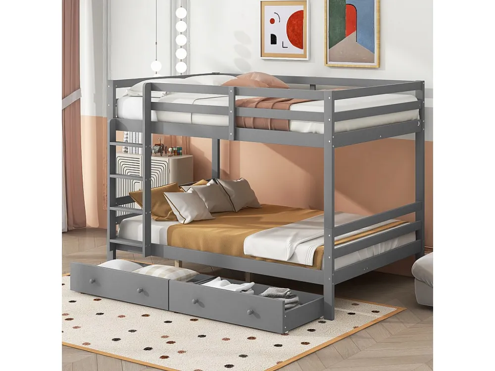 Stapelbedden 140 x 200 cm met 2 grote lades - leuning en trap - MDF hout - grijs