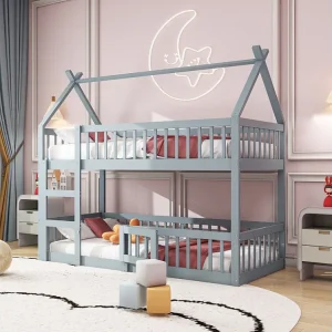 Stapelbedden 2 x 90 x 200 cm met deur en barrières - MDF hout - Lattenbodem - Grijs