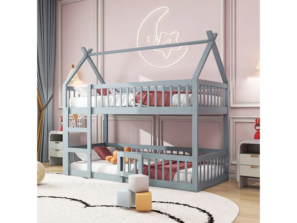 Stapelbedden 2 x 90 x 200 cm met deur en barrières - MDF hout - Lattenbodem - Grijs