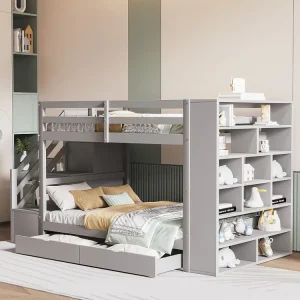 Stapelbedden 2 x 90 x 200 cm met 2 laden en grote kasten & trappen - grenenhout + MDF - grijs (zonder matras)