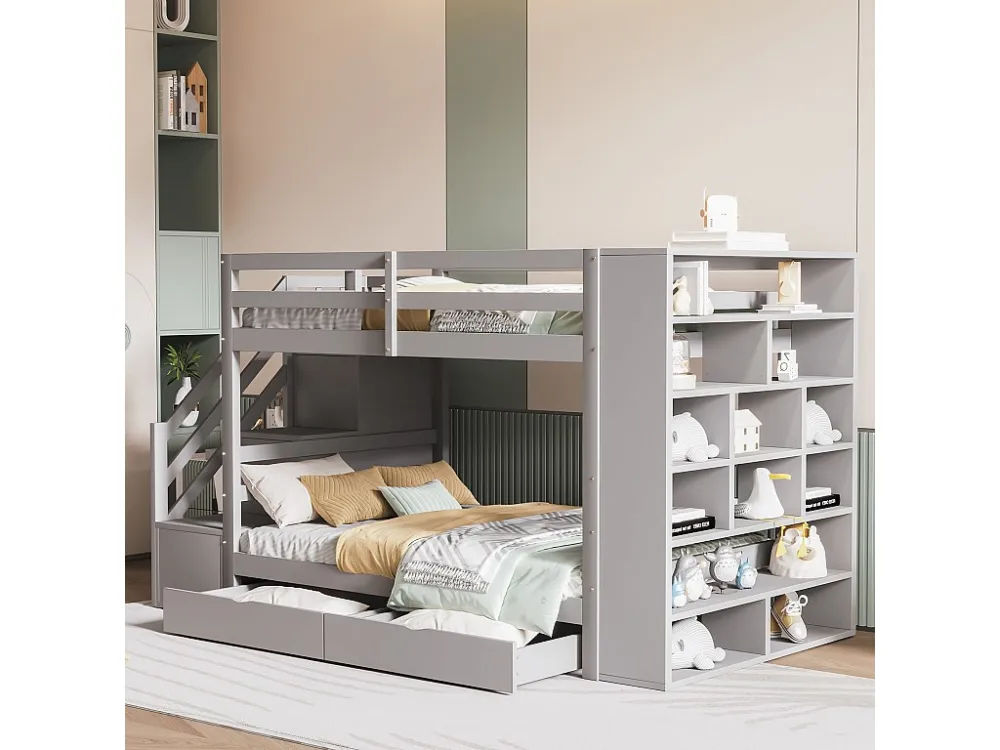 Stapelbedden 2 x 90 x 200 cm met 2 laden en grote kasten & trappen - grenenhout + MDF - grijs (zonder matras)