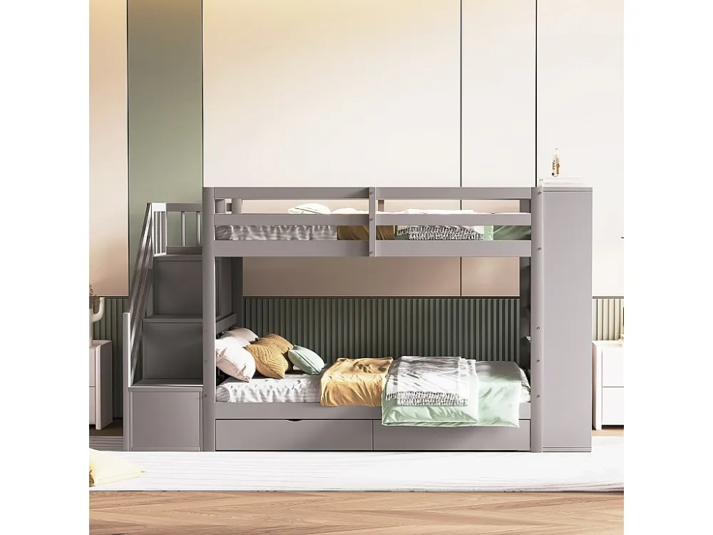 Stapelbedden 2 x 90 x 200 cm met 2 laden en grote kasten & trappen - grenenhout + MDF - grijs (zonder matras)