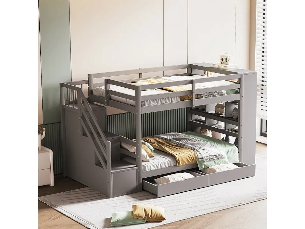 Stapelbedden 2 x 90 x 200 cm met 2 laden en grote kasten & trappen - grenenhout + MDF - grijs (zonder matras)