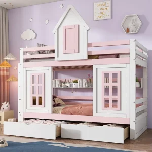 Stapelbedden 2 x 90 x 200 cm met 2 laden, ramen en veiligheidsbarrières - grenen + MDF - wit + roze (zonder matras)