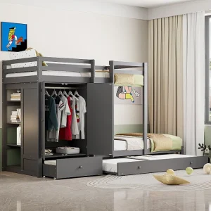 Stapelbedden 2 x 90 x 200 cm met onderschuifbed 190 x 90 cm - Kledingkast, lade en opbergplanken - Grenenhout en MDF - Gri...