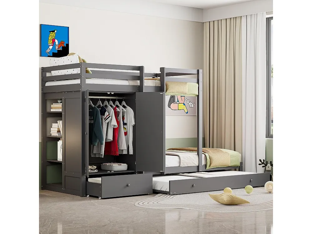 Stapelbedden 2 x 90 x 200 cm met onderschuifbed 190 x 90 cm - Kledingkast, lade en opbergplanken - Grenenhout en MDF - Gri...